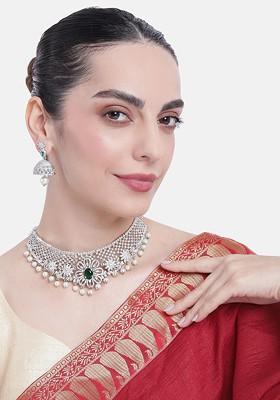 Silver Studded Rhodium Plated Necklace Set