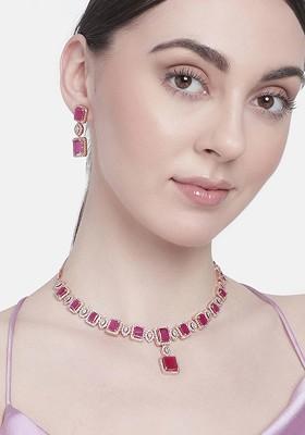 Pink Studded Gold Plated Necklace Set