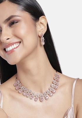 Rose Pink Cz Gold Plated Necklace Set
