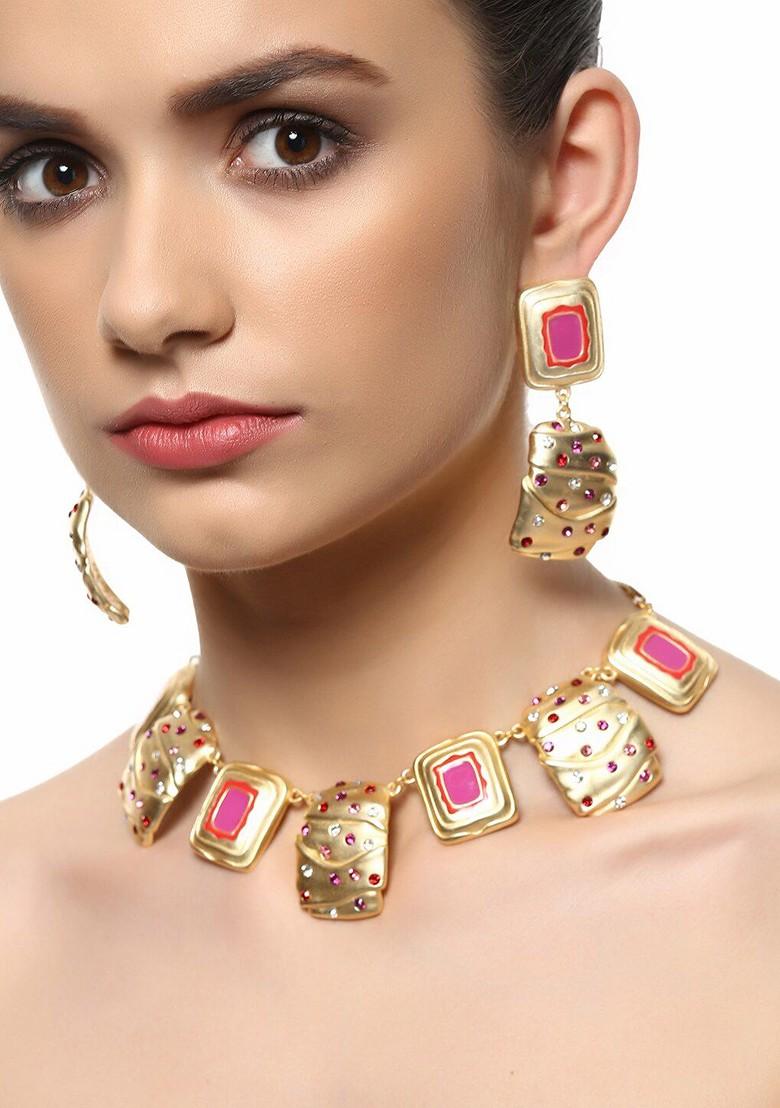Pink Solid Gold Plated Necklace Set