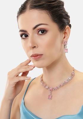 Pink Cz Gold Plated Necklace Set