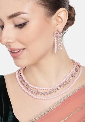 Pink Studded Gold Plated Necklace Set