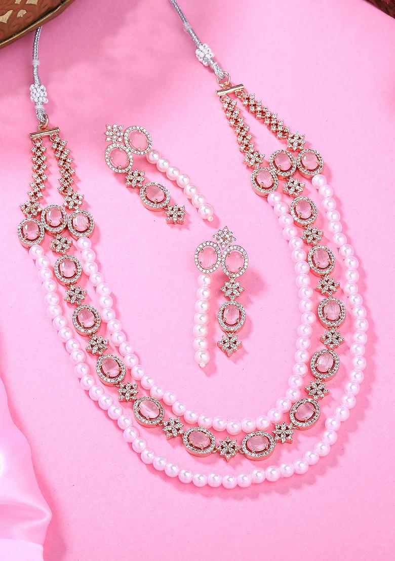 Pink Studded Gold Plated Necklace Set