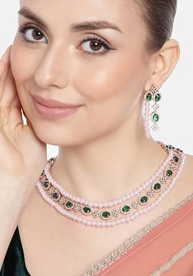 Green Studded Gold Plated Necklace Set