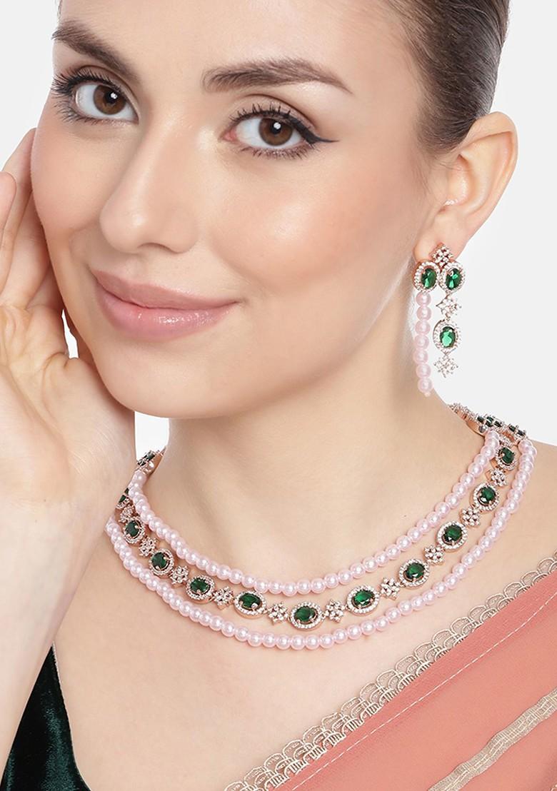 Green Studded Gold Plated Necklace Set