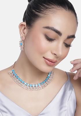 Turquoise Blue Studded Gold Plated Necklace Set