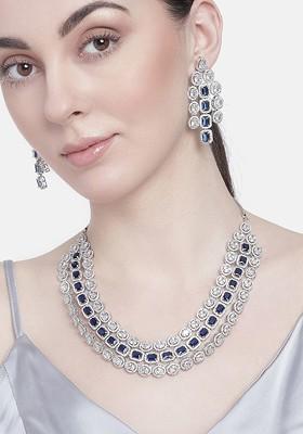 Blue Studded Rhodium Plated Necklace Set