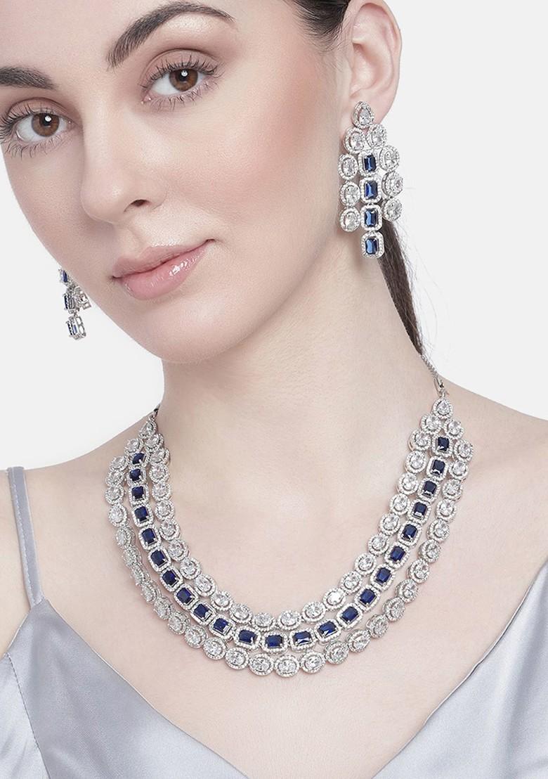Blue Studded Rhodium Plated Necklace Set