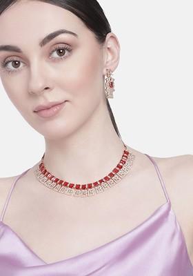 Pink Studded Gold Plated Necklace Set