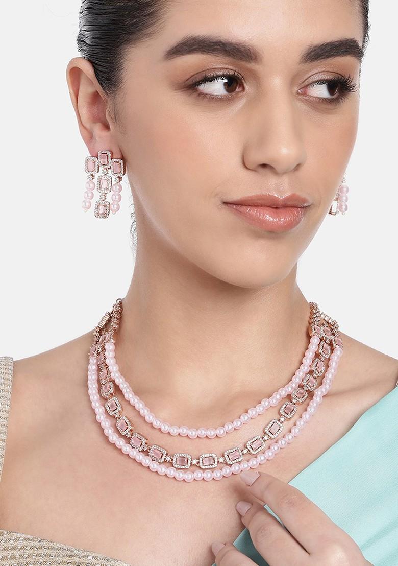 Pink Solid Gold Plated Necklace Set