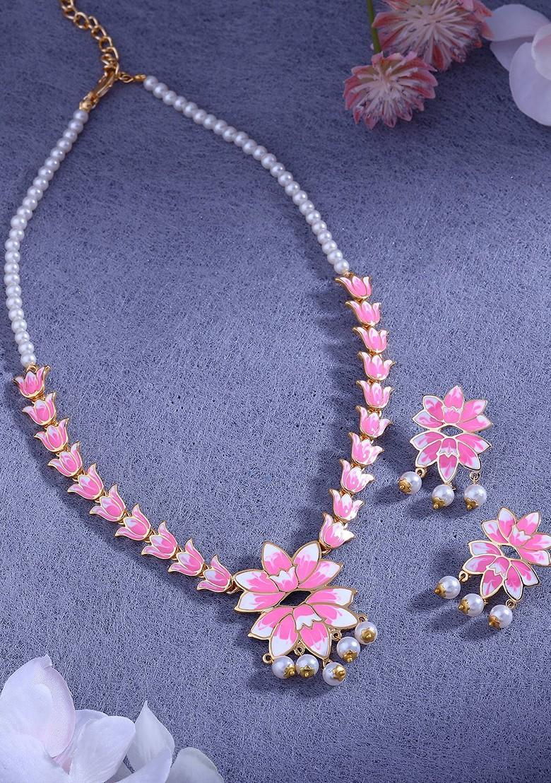 Pink Studded Gold Plated Necklace Set
