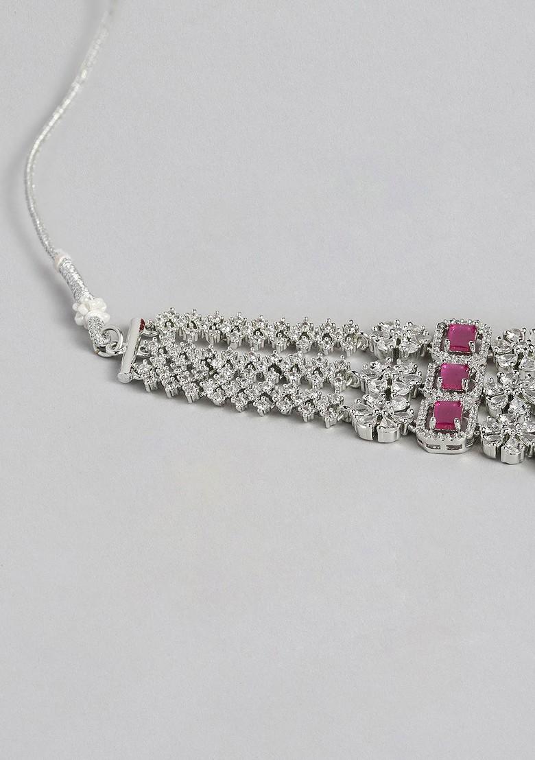 Pink Studded Rhodium Plated Necklace Set