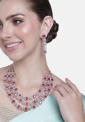Pink Studded Gold Plated Necklace Set