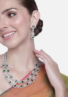 Green Studded Rhodium Plated Necklace Set
