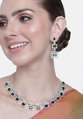 Green Studded Rhodium Plated Necklace Set