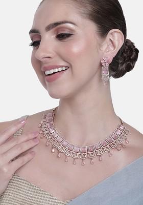 Pink Studded Gold Plated Necklace Set