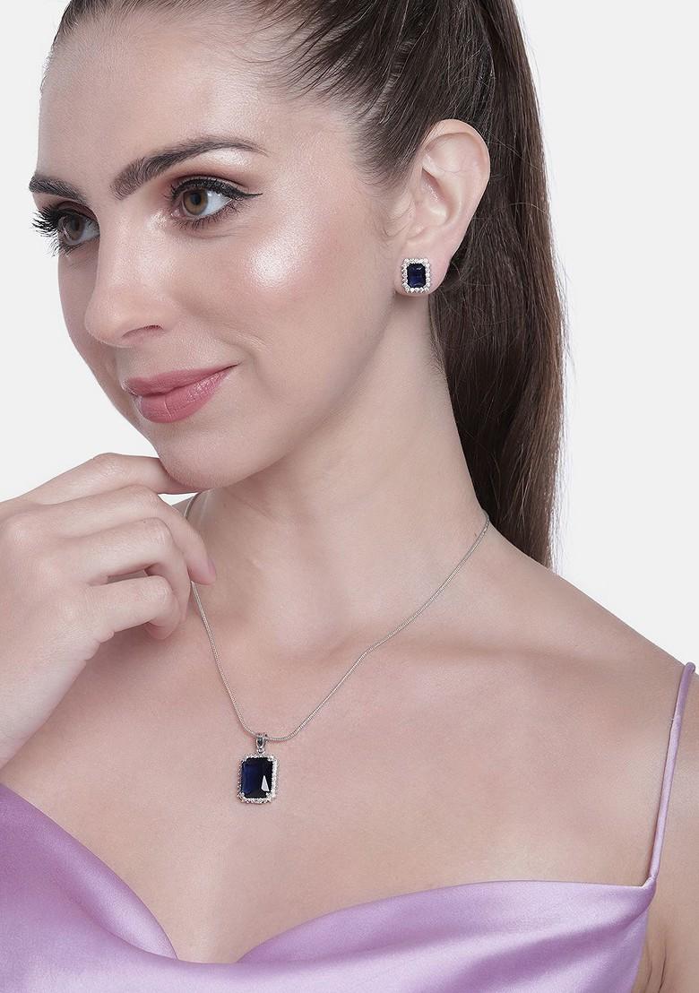 Blue Studded Rhodium Plated Necklace Set