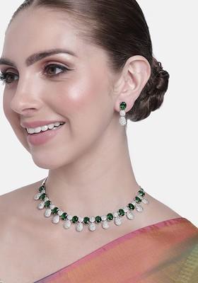 Green Studded Rhodium Plated Necklace Set