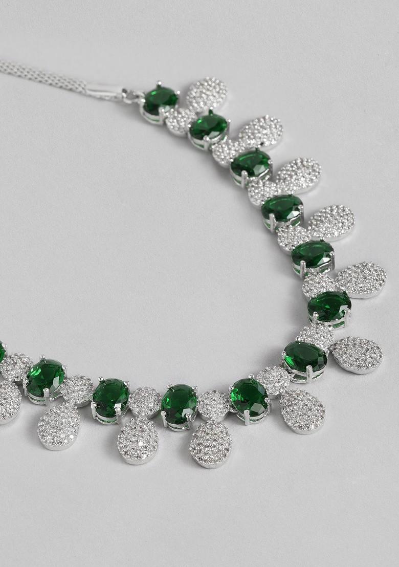 Green Studded Rhodium Plated Necklace Set