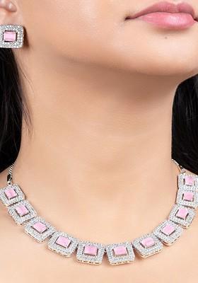 Pink Cz Rhodium Plated Necklace Set