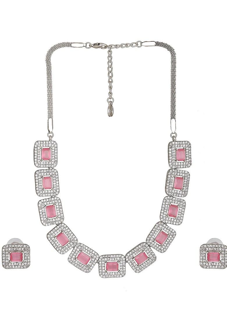 Pink Cz Rhodium Plated Necklace Set