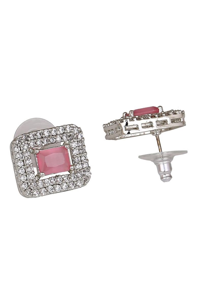 Pink Cz Rhodium Plated Necklace Set