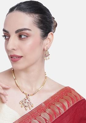 Pink Studded Gold Plated Necklace Set