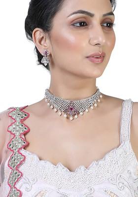 Silver Studded Rhodium Plated Necklace Set