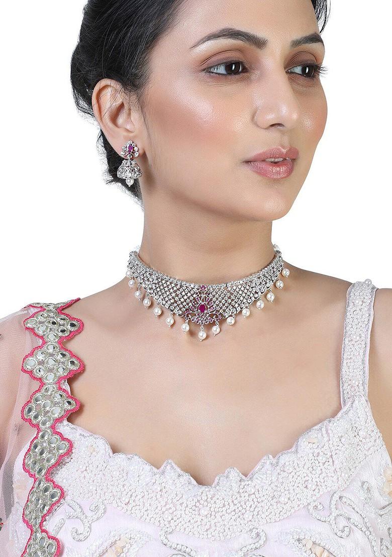 Silver Studded Rhodium Plated Necklace Set