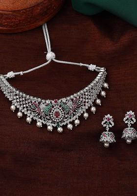 Silver Studded Rhodium Plated Necklace Set