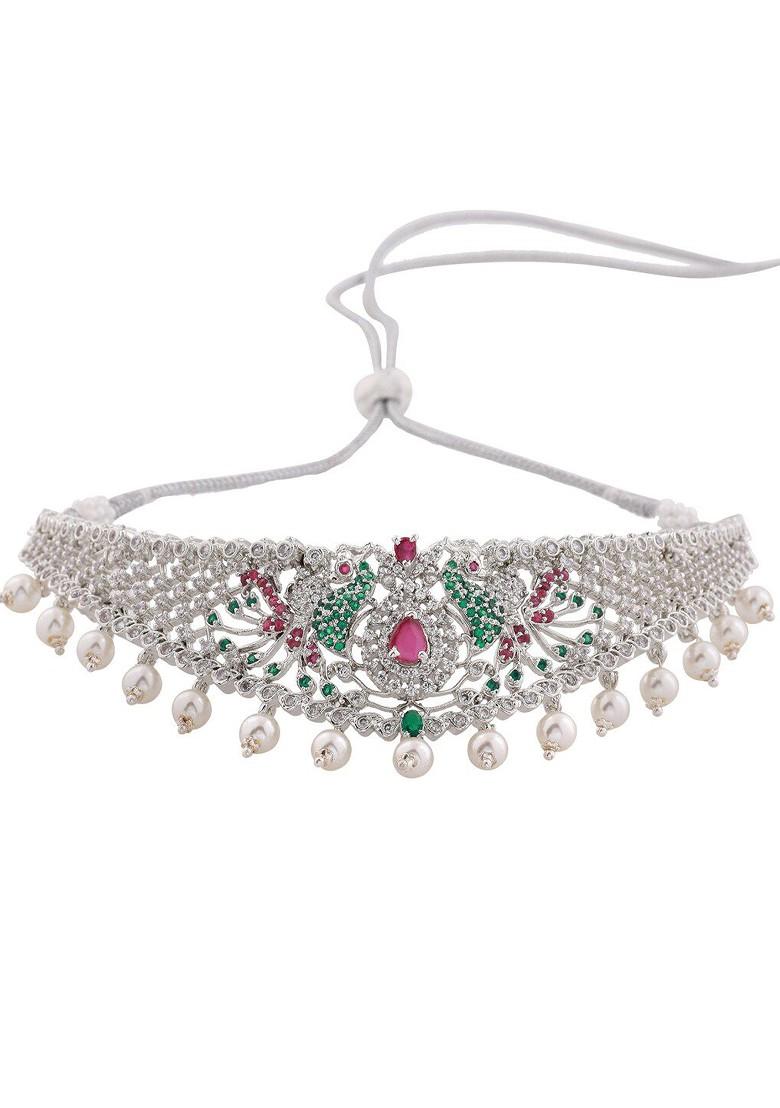 Silver Studded Rhodium Plated Necklace Set