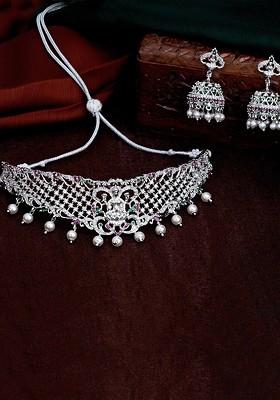 Silver Studded Rhodium Plated Necklace Set