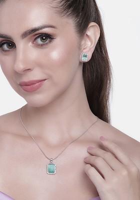 Green Studded Rhodium Plated Necklace Set