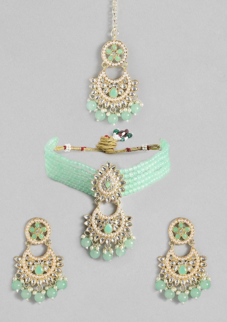 Sea Green Studded Gold Plated Necklace Set
