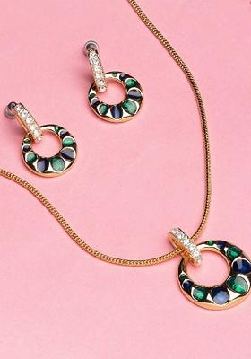 Green Studded Gold Plated Necklace Set