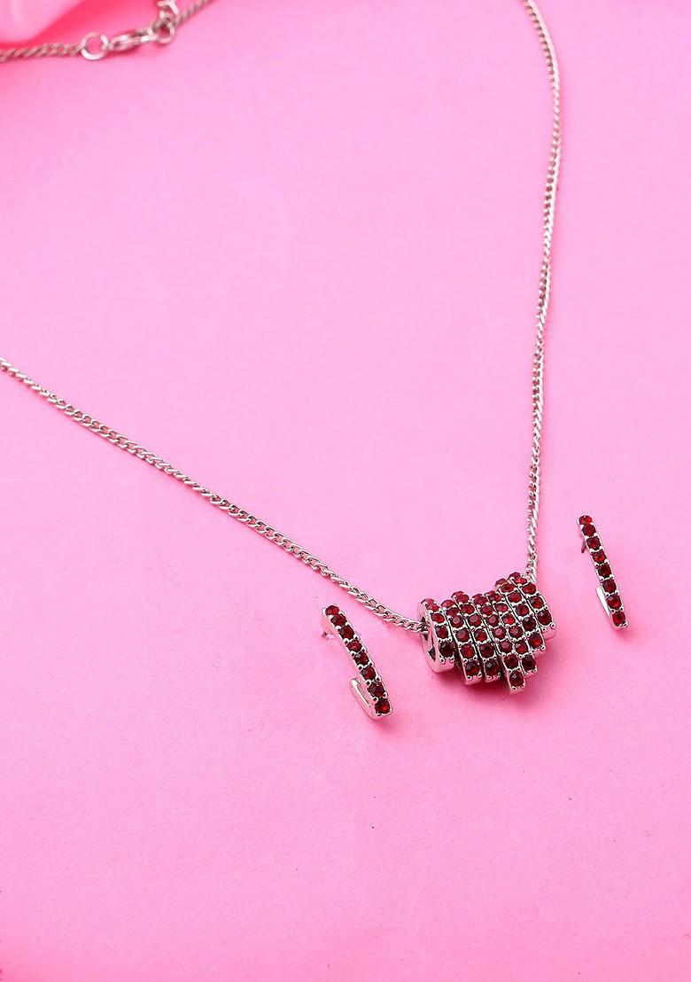 Red Studded Rhodium Plated Necklace Set