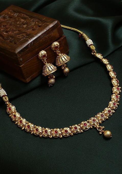 Gold Stone Studded And Beaded Gold Plated Jewellery Set