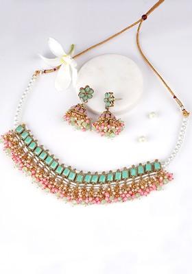 Gold Pearl Beaded Gold Plated Jewellery Set