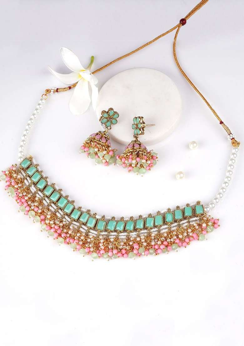 Gold Pearl Beaded Gold Plated Jewellery Set - Indya