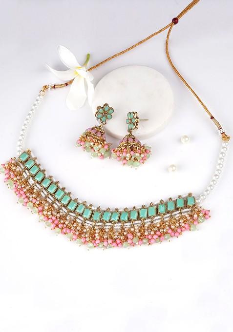 Gold Pearl Beaded Gold Plated Jewellery Set