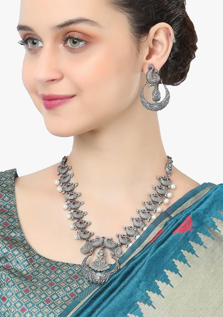 Silver Stone Studded  Silver Plated  Jewellery Set