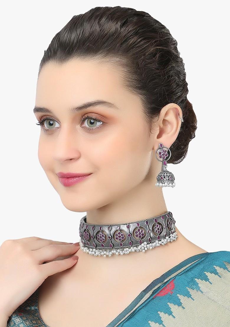 Silver Stone Studded And Beaded Silver Plated  Jewellery Set