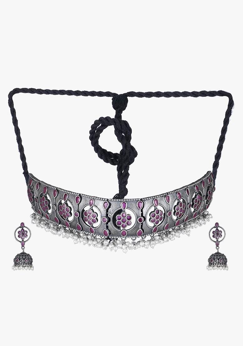 Silver Stone Studded And Beaded Silver Plated  Jewellery Set