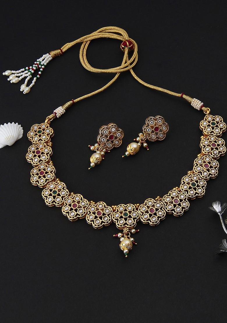 Gold Stone Studded And Beaded Gold Plated Jewellery Set