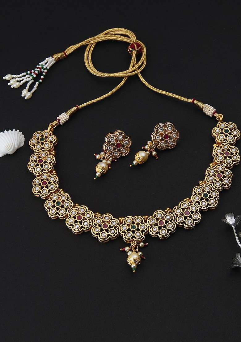 Gold Stone Studded And Beaded Gold Plated Jewellery Set - Indya