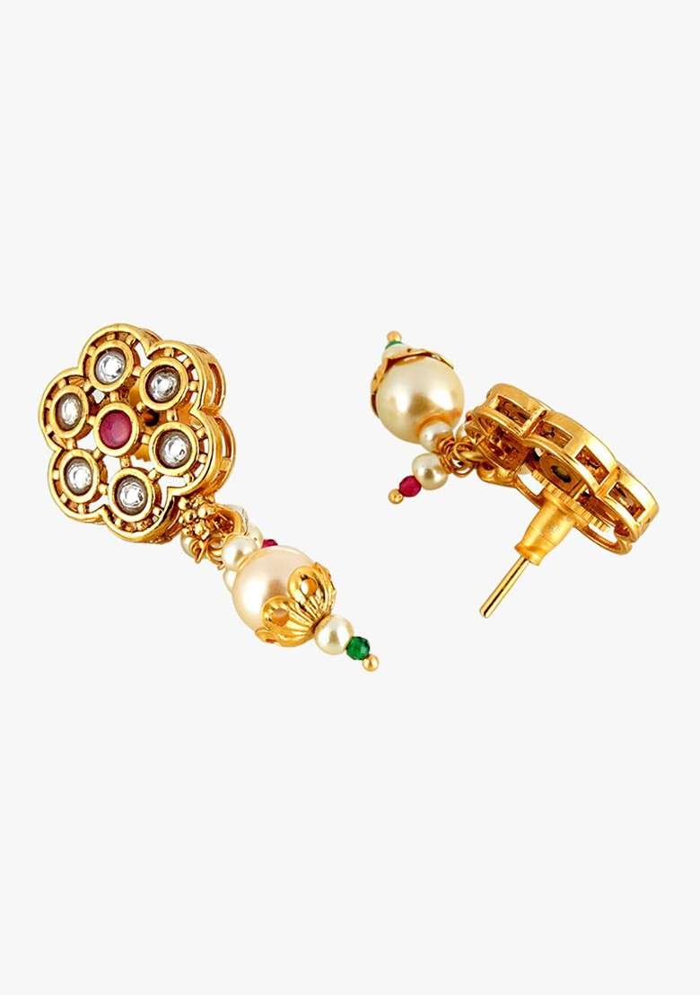 Gold Stone Studded And Beaded Gold Plated Jewellery Set - Indya