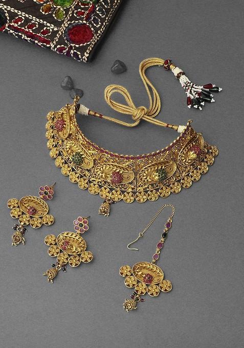 Gold Stone Studded  Gold Plated Jewellery Set