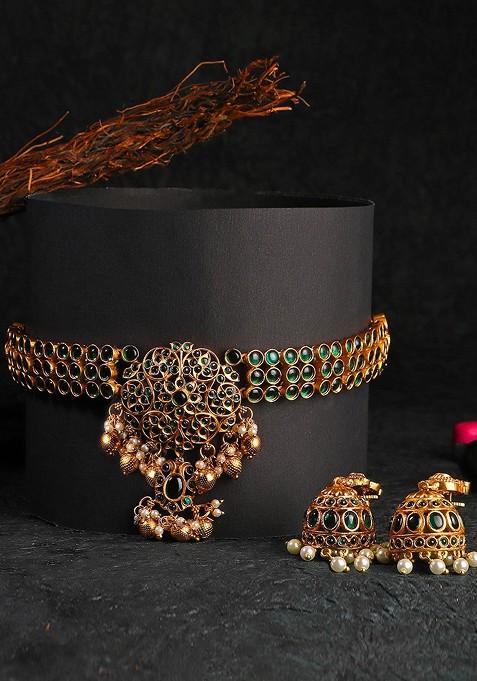 Gold Stone Studded And Beaded Gold Plated Jewellery Set