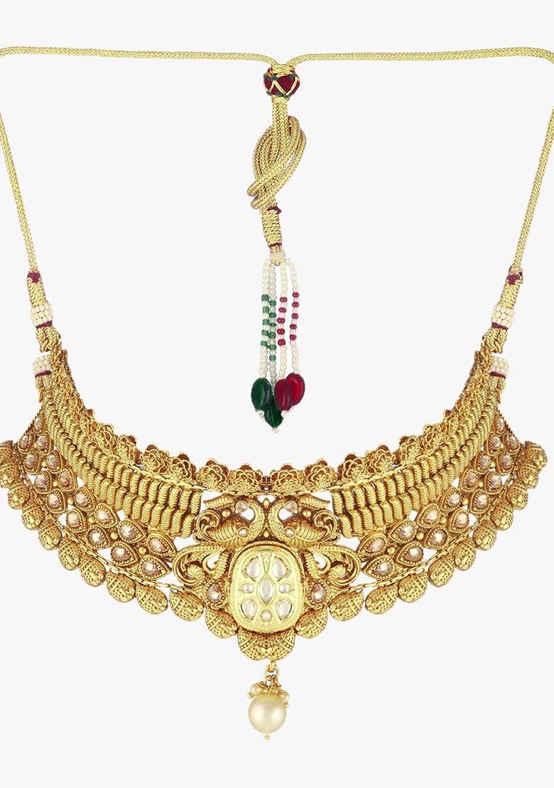 Gold Studded  And Beaded  Gold Plated Jewellery Set