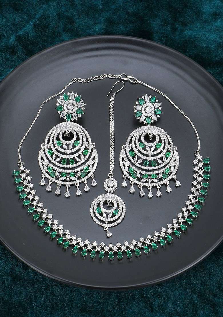 Silver Ad Studded Rhodium Plated Jewellery Set - Indya